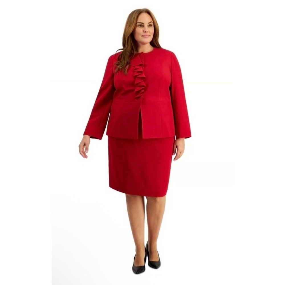 NWT Le Suit Plus‎ Size Cascade Ruffle Skirt Suit Set Cherry Red Size 20W